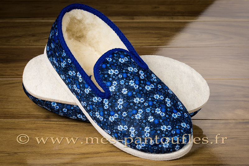 Charentaises Traditionnelles Femme FINISTERE 5ch - Uni Marine, Semelles Feutre Laine, Intérieur 100% Laine