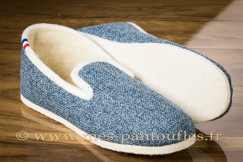 Pantoufles charentaises semelles feutre tweed bleu océan